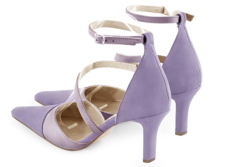 Lilac purple women's open side shoes, with snake-shaped straps. Tapered toe. High slim heel. Rear view - Florence KOOIJMAN